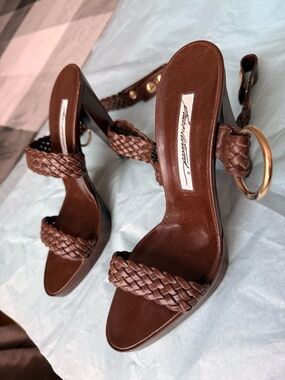 Brian Atwood Brown Braided Leather High Heel Gladiator Sandals size 37.5